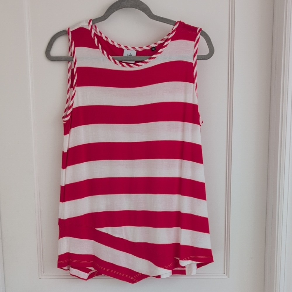 CAbi Carousel Tank Top #5198 Red White Striped Sleeveless Asymmetrical Hem- Med